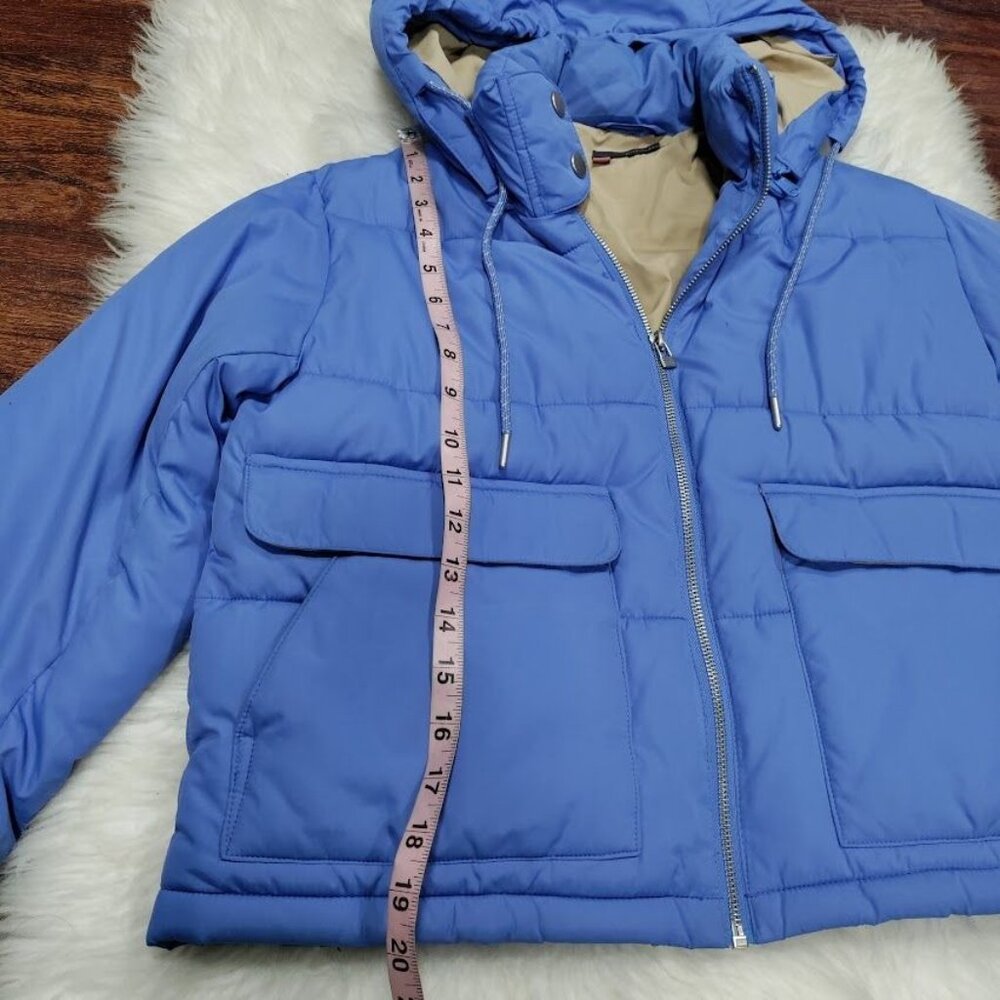 Pilcro Cropped Colorblock Womens Size XS Full Zip Hooded Puffer Jacket Blue - Picture 11 of 13
